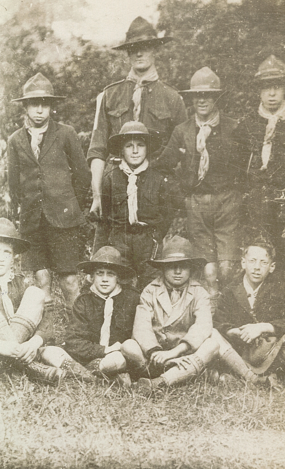 H. Vernon (top), G. Linnet (top left), T. Bennett, R Rowbotham, J. Gouldon, E. Rodway (bottom row), W. Royle, R.Hill, and G Irving Whit_Camp_Marple_1927_Group